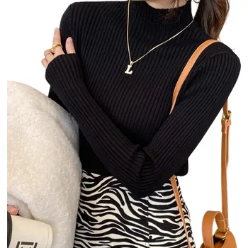 Dámský svetr Dámský pletený svetr s rolákem z bavlny a akrylu Jednobarevný elegantní svetr s dlouhým rukávem Univerzální velikost pro podzim a zimu černá