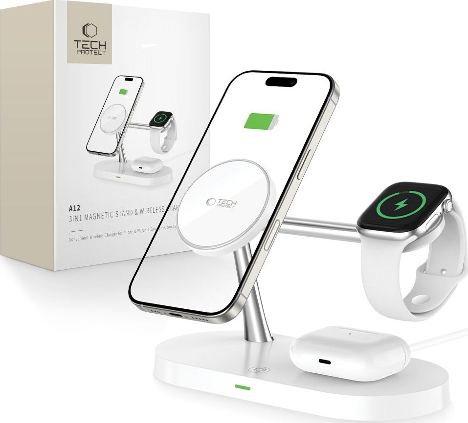 Tech-Protect Bezdrátová rychlá nabíječka pro iPhone, AirPods a Apple Watch - Tech-Protect, A12 MagSafe Wireless Charger White