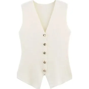 Dámská vesta Dámská elegantní vesta s knoflíky Jednobarevný top s výstřihem do V Stylový doplněk k halenkám a tričkům Různé barvy Polyester béžova L