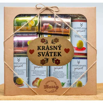 Dárková krabička VELKÁ DÁRKOVÁ SADA 9 druhů oliv s pastou LA EXPLAMADA krásný svátek (VELKÁ DÁRKOVÁ SADA 9 druhů oliv s pastou LA EXPLAMADA krásný svátek)