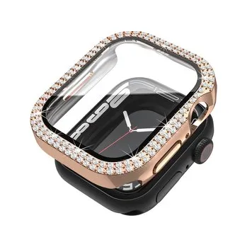 Chytré hodinky Ochranné dvojité kamínkové pouzdro se sklíčkem pro Apple Watch 44mm,Růžovo-zlatý