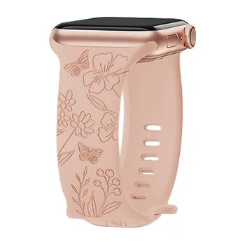 Chytré hodinky Řemínek gravírované květiny pro Apple Watch 42/44/45/46/49mm,Pomněnka - růžová