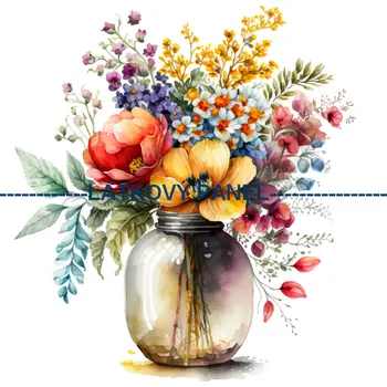 Látkový panel - Kytice ve váze - KYT-109 Velikost: 15x15cm, Materiál: Kočárkovina