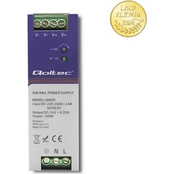 stmívač Qoltec 50903 – Průmyslový napájecí zdroj na DIN lištu 150 W / 24 V / 6,25 A (Napájecí zdroje pro DIN lištu jsou určeny pro náročné průmyslové prostředí. Vyznačují se vysokou účinností. Jsou vybaveny ochranou proti zkratu, přetížení, přepětí a teplotní)