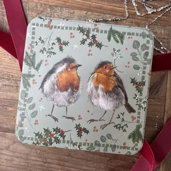 Dóza na potraviny Dózička Festive Robins 14*14 cm, Alex Clark (Plechová dóza s Červenkami)