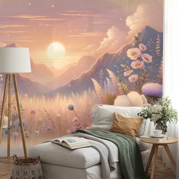 Tapeta Dovido Tapeta pastelová krajina s květinami při západu slunce