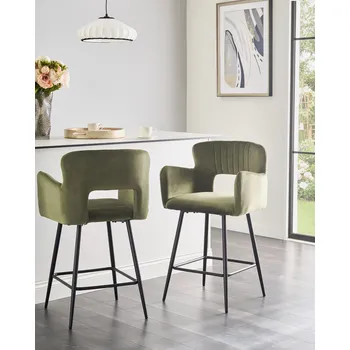 Barová židle Sada 2 sametových barových židlí olivově zelené čalouěné židle jídelna kuchyně moderní nábytek Beliani