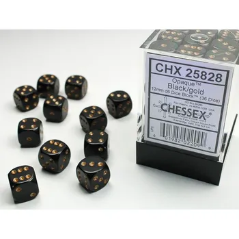 Příslušenství k deskovým hrám Chessex Sada 36 D6 12mm kostek Chessex - Opaque Black/gold - 25828