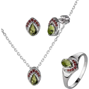 Souprava šperků Stříbrný set šperků 1445 s českým granátem a vltavínem, rhodiovaný - kapka Velikost: 54, Zapínání: balónek