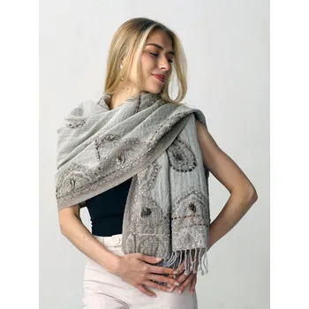 Šála Šála z merino vlny s vyšíváním smetanovo-šedohnědá