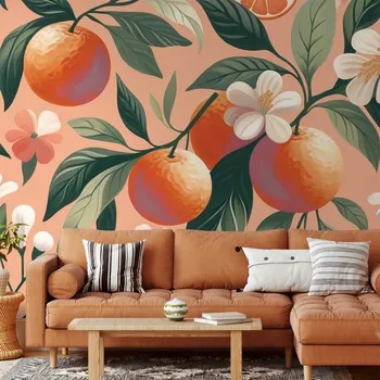 Tapeta Dovido Tapeta pomeranče a květy na meruňkovém pozadí