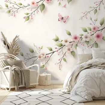 Tapeta Dovido Fototapeta jemné růžové květy a motýli