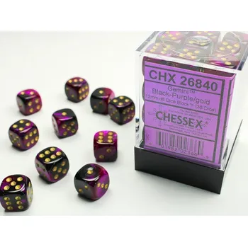 Příslušenství k deskovým hrám Chessex Sada 36 D6 12mm kostek Chessex - Gemini Black-Purple/gold - 26840