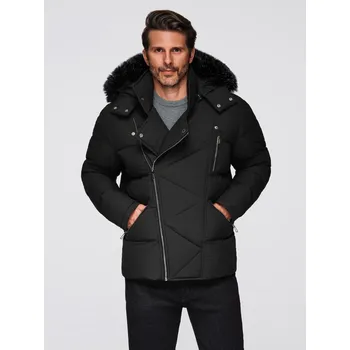 Ombre Men's quilted jacket with cut of ramoneski with hood - black Ombre černá | šedá 3441296