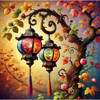 Diamantové malování Diamantové malování/Homfun - Lucerničky a strom + perleťové kamínky