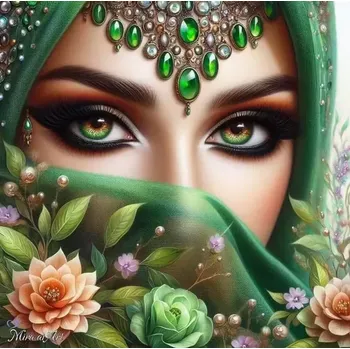Diamantové malování Diamantové malování - Záhadná kráska v zeleném + třpytivé kamínky (50 x 50)