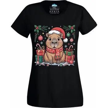 Dámské tričko Dámské tričko Vánoční Kapybara mezi Dárky (Velikost: M, Barva: Černá)