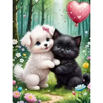 Diamantové malování Diamantové malování/Homfun - Bílé štěně a černé kotě + perleťové kamínky