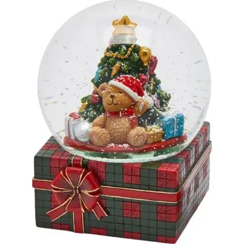 Vánoční dekorace Vánoční dekorace hrací sněžítko dárek s medvídkem 1ks, 20x15 cm - Medvídek u stromečku