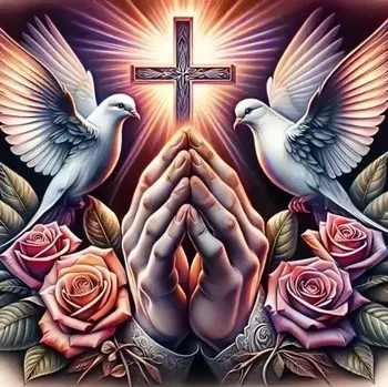 Diamantové malování Diamantové malování/Homfun - Holubice a kříž + perleťové kamínky (40x40)