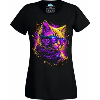 Dámské tričko Neonová Kočka v Brýlích (Velikost: 4XL, Barva: Černá)