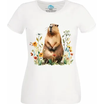Dámské tričko Kapybara na Rozkvetlé Louce (Velikost: 4XL, Barva: Bílá)