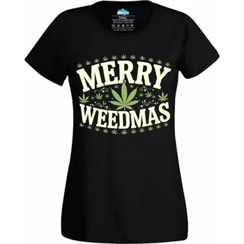 Dámské tričko Dámské tričko Veselé Zhulené Vánoce Merry Weedmas (Velikost: M, Barva: Černá)
