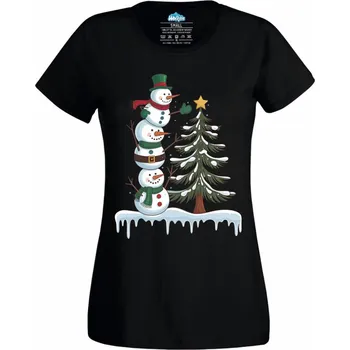 Dámské tričko Dámské tričko Vánoční Věž ze Sněhuláků (Velikost: XS, Barva: Černá)
