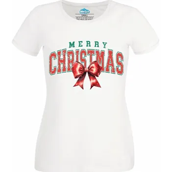 Dámské tričko Dámské tričko Vánoční mašle Merry Christmas (Velikost: XL, Barva: Bílá)