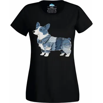 Dámské tričko Džínový Corgi (Velikost: 4XL, Barva: Černá)