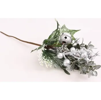 Zápich bobule, lístky a rolnička 25 cm, stříbrná