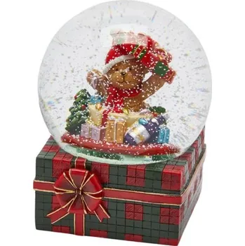 Vánoční dekorace Vánoční dekorace hrací sněžítko dárek s medvídkem 1ks, 20x15 cm - Medvídek s dárkem