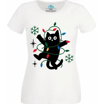 Dámské tričko Černá Kočka ve Světýlkách (Velikost: 4XL, Barva: Bílá)