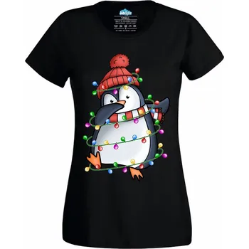 Dámské tričko Dámské tričko Vánoční Dabující Tučňák (Velikost: 4XL, Barva: Černá)