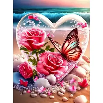 Diamantové malování Diamantové malování/Homfun - Srdce, růže a motýl na pláži