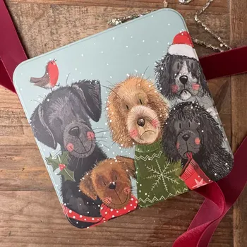 Dóza na potraviny Dózička Festive Dogs 14*14 cm, Alex Clark (Plechová dóza s pejsekem, pejsci)