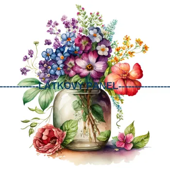 Látkový panel - Kytice ve váze - KYT-110 Velikost: 15x15cm, Materiál: Kočárkovina