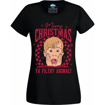 Dámské tričko Dámské tričko Veselé Vánoce, ty špinavé zvíře Sám doma (Velikost: M, Barva: Černá)