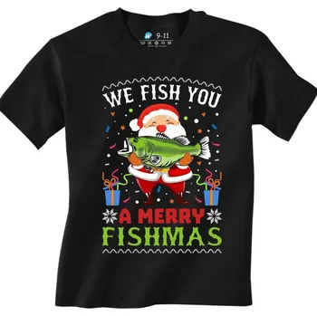 Chlapecké tričko Dětské tričko Rybářský Santa Merry Fishmas (Velikost: 7-8, Barva: Černá)
