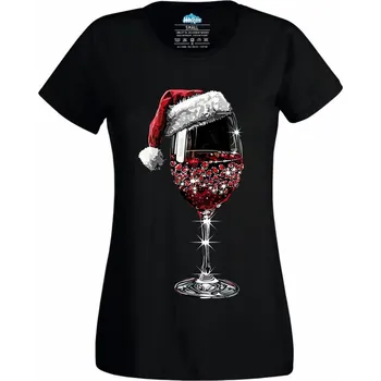 Dámské tričko Vánoční Sklenka Vína (Velikost: 4XL, Barva: Černá)