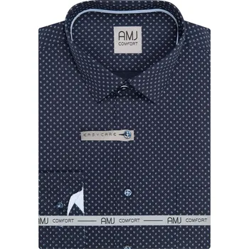 Pánská košile AMJ bavlněná, tmavě modrá s bílomodrými zrnky VDBPSR1480, prodloužená délka, slim fit, vel. 39