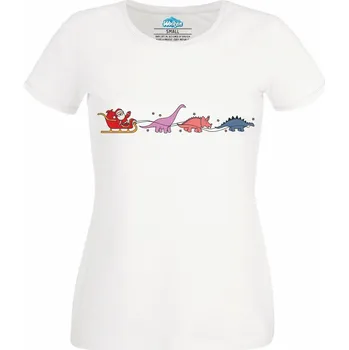 Dámské tričko Dámské tričko Santa a Dinosauří Spřežení (Velikost: 3XL, Barva: Bílá)