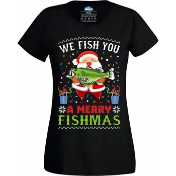 Dámské tričko Rybářský Santa Merry Fishmas (Velikost: 4XL, Barva: Černá)