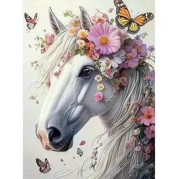 Diamantové malování HOMFUN Diamantové malování - Bílý kůň, květiny a motýlci + perleťové kamínky