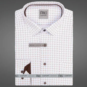 Pánská košile Pánská košile AMJ bavlněná, bílá s hnědomodrými kosočtverečky VDSBR1486, dlouhý rukáv, slim fit, vel. 40