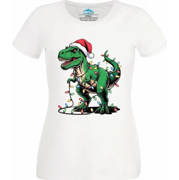 Dámské tričko Dámské tričko Vánoční T-Rex s Čepicí (Velikost: L, Barva: Bílá)