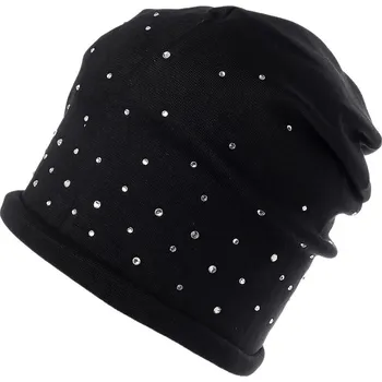 Čepice Bavlněná čepice s kamínky dámská, barva 6 černá