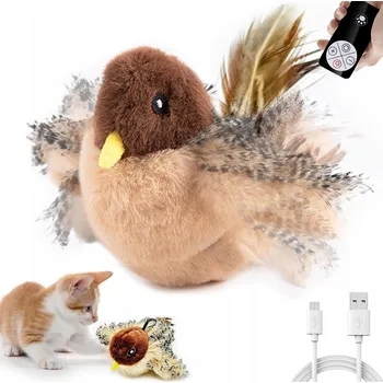 Hračka pro kočku Interaktivní plyšový ptáček s pohybem a zvukem. S dálkovým ovládáním