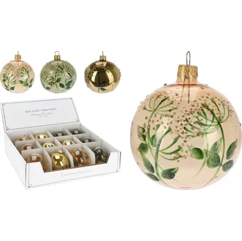 Vánoční dekorace Vánoční koule skleněná 80 mm, zlato-zelená, květinový dekor (3 designy) cena za 1 ks
