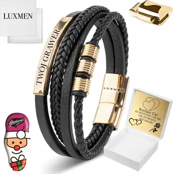 Náramek Pánský náramek LUXMEN pozlacený kožený s gravírováním nastavitelný 22,50 cm